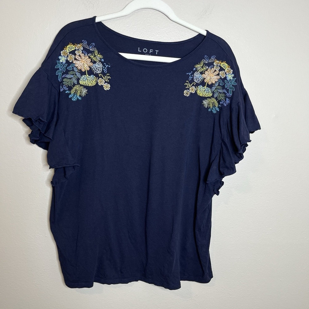 Women's T Shirt Blouse M‎ Navy Embroidered Floral Flutter Sleeve Teacher Casual